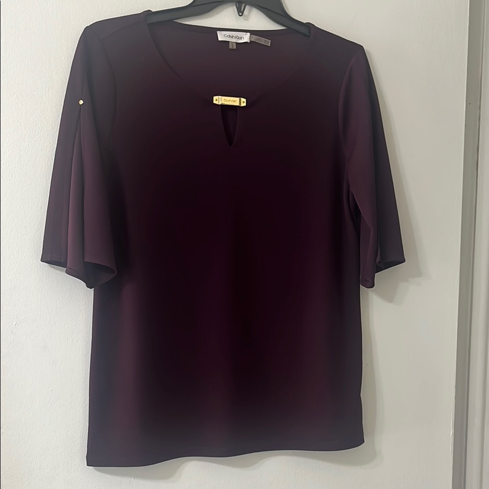 Calvin Klein Burgundy Blouse with Crew Neck and Short Sleeves